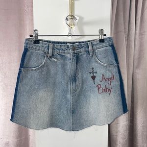 Repurposed denim mini skirt with angel baby writing, dark blue patch pocket